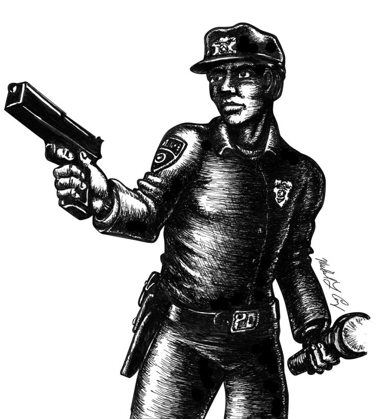Illustration from Midnight Racer of the police entering the bank after the robbery.